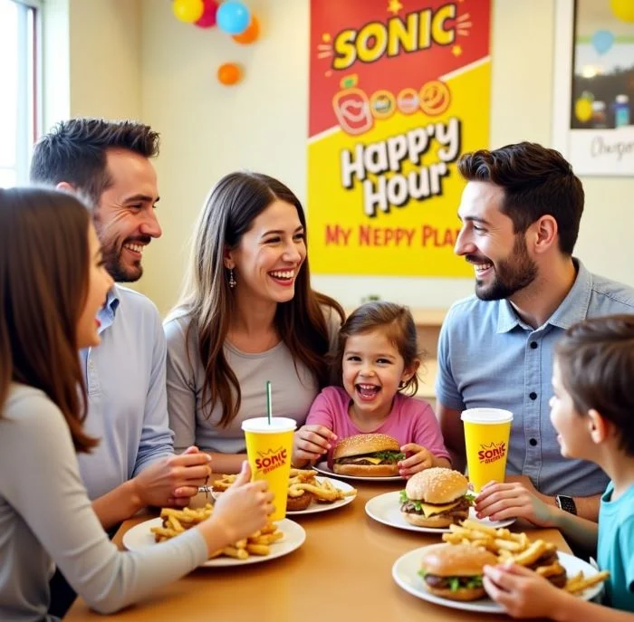 A joyful family gathered around a table at a Sonic restaurant, enjoying burgers, fries, and drinks. They are smiling and laughing together, creating a warm and happy atmosphere. In the background, a bright yellow and red Sonic "Happy Hour" sign is visible, along with colorful balloons, enhancing the celebratory mood.