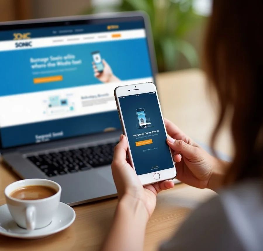 A person sitting at a wooden table holding a smartphone displaying the Sonic app, while a laptop in the background shows the Sonic website. A cup of coffee is placed on the table, creating a cozy and productive setting. The image highlights the convenience of using Sonic's digital platform for browsing deals, placing orders, or managing rewards.