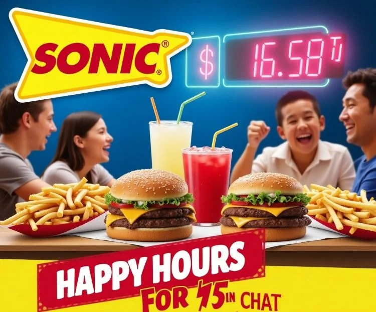  A vibrant promotional image for Sonic's Happy Hour, featuring two cheeseburgers with fresh lettuce and melted cheese, crispy fries, and colorful beverages with straws. In the background, a group of friends and family are smiling and enjoying their meal. The Sonic logo is prominently displayed at the top, along with a glowing neon-style price sign. The bold text at the bottom highlights the Happy Hours deal, creating an inviting and energetic atmosphere.